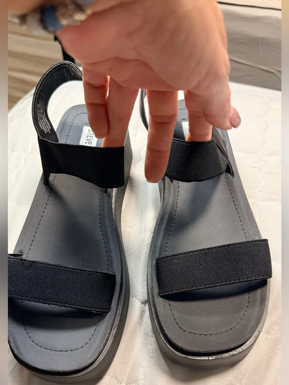 Steve Madden Janice platform wedge sandals, featuring black elastic straps. - Picture 2 of 10